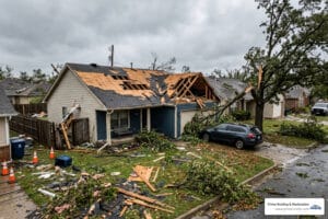 home with severe roof damage after a high-wind storm - Wind damage insurance claim