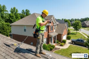 Certified roofer wearing an OSHA safety harness performing a roof inspection for insurance in Alabaster AL